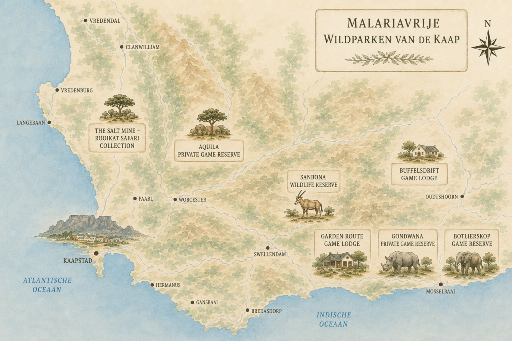 Kaart van de West-Kaap met de mooiste malariavrije wildparken in Zuid-Afrika, waaronder Gondwana, Botlierskop, Garden Route Game Lodge en Buffelsdrift.