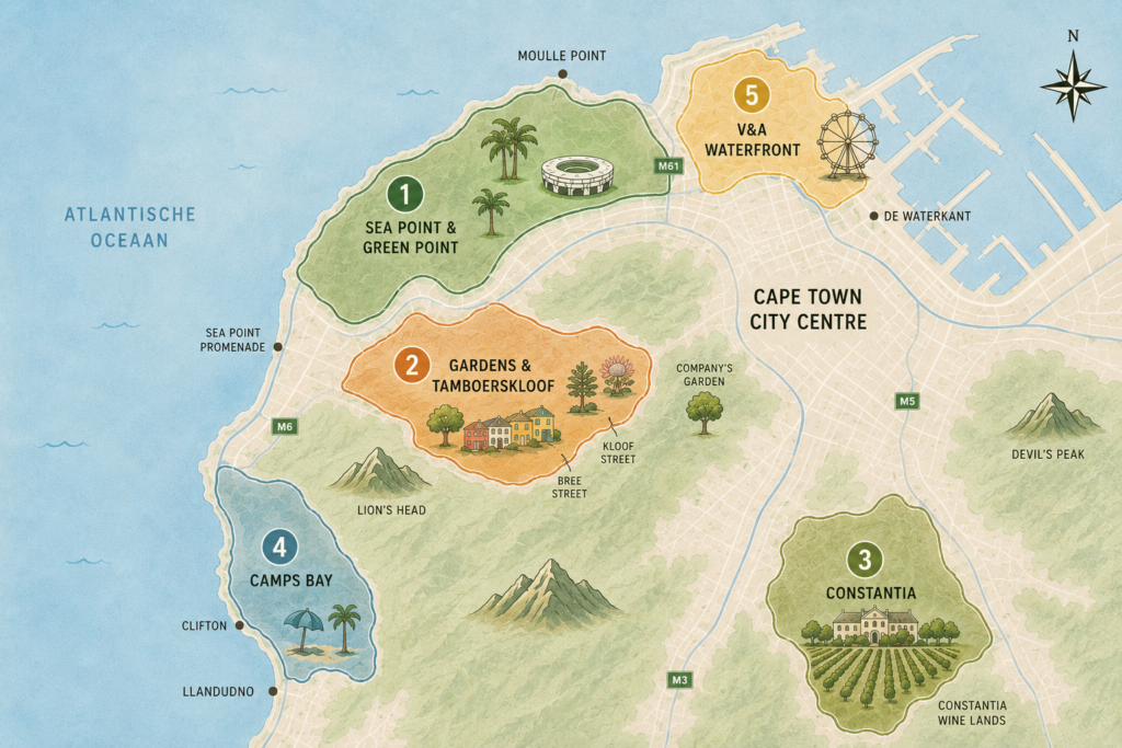 Wijken in Kaapstad. Kaart met de leukste en veiligste wijken om te overnachten, waaronder Sea Point, Green Point, Gardens, Tamboerskloof, Camps Bay, Constantia en de V&A Waterfront.