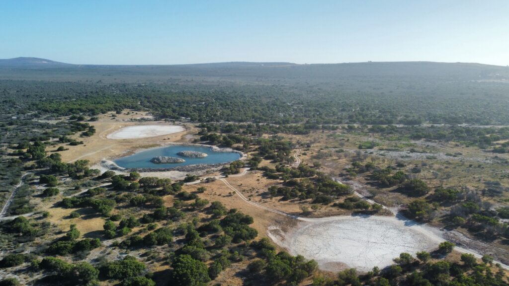 Uitzicht op zoutpannen en bushland bij Rooikat Safari Collection dicht bij Kaapstad