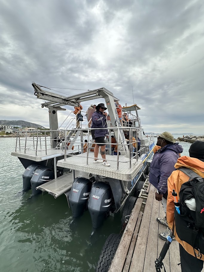 Passagiers stappen aan boord van een walvisboot in de haven van Hermanus in Zuid-Afrika.